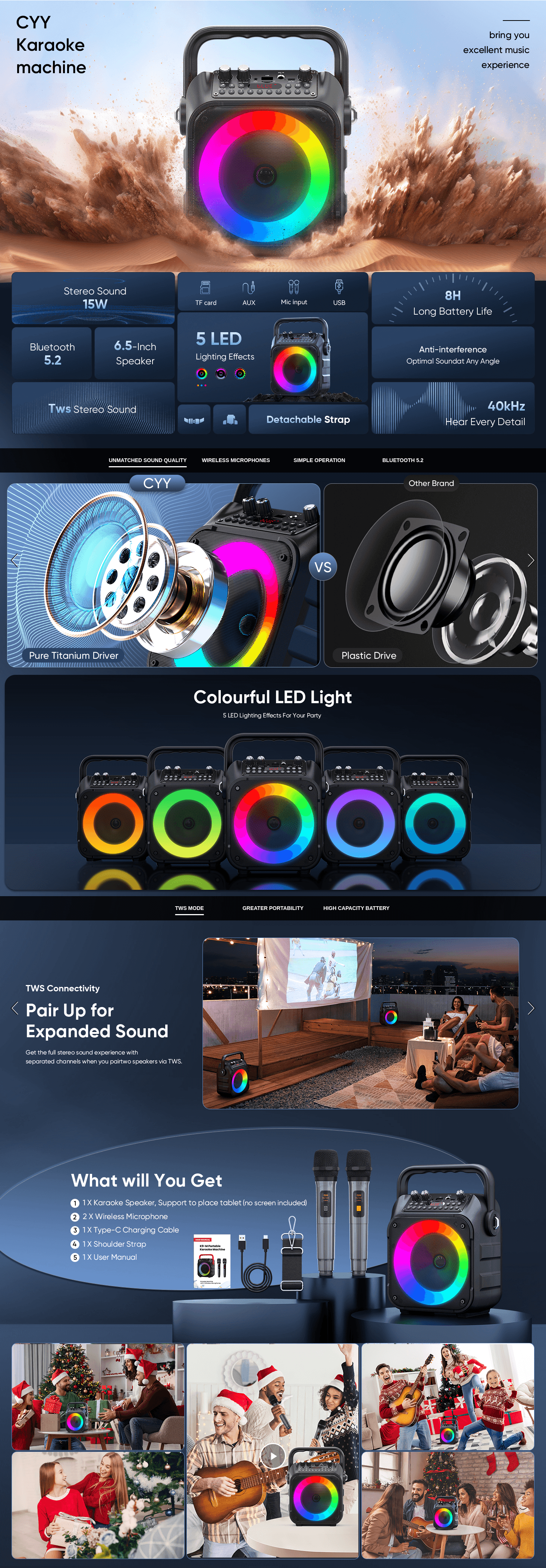 Showcases multiple product benefits including stereo sound, LED lighting effects, battery life, Bluetooth connectivity, and speaker quality in a visually segmented layout to help shoppers quickly…