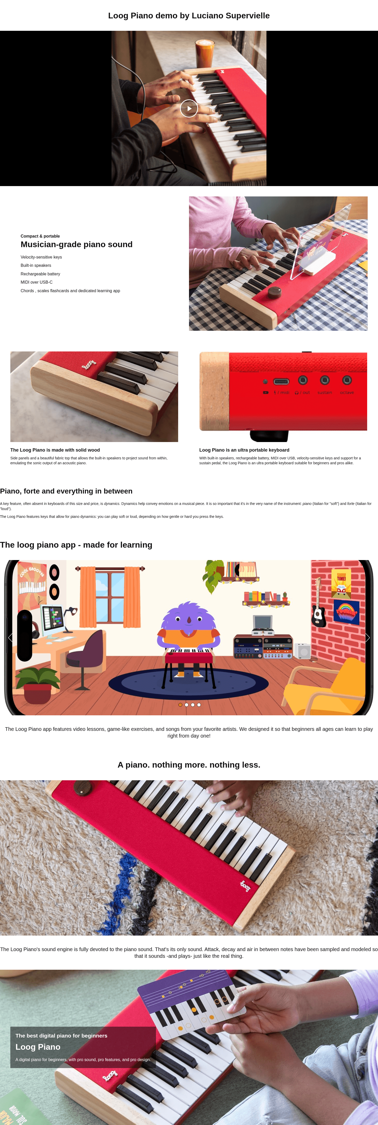 Showcases multiple product benefits including musician-grade sound quality, compact design, solid wood construction, and ultra-portable keyboard features to help shoppers understand key selling…