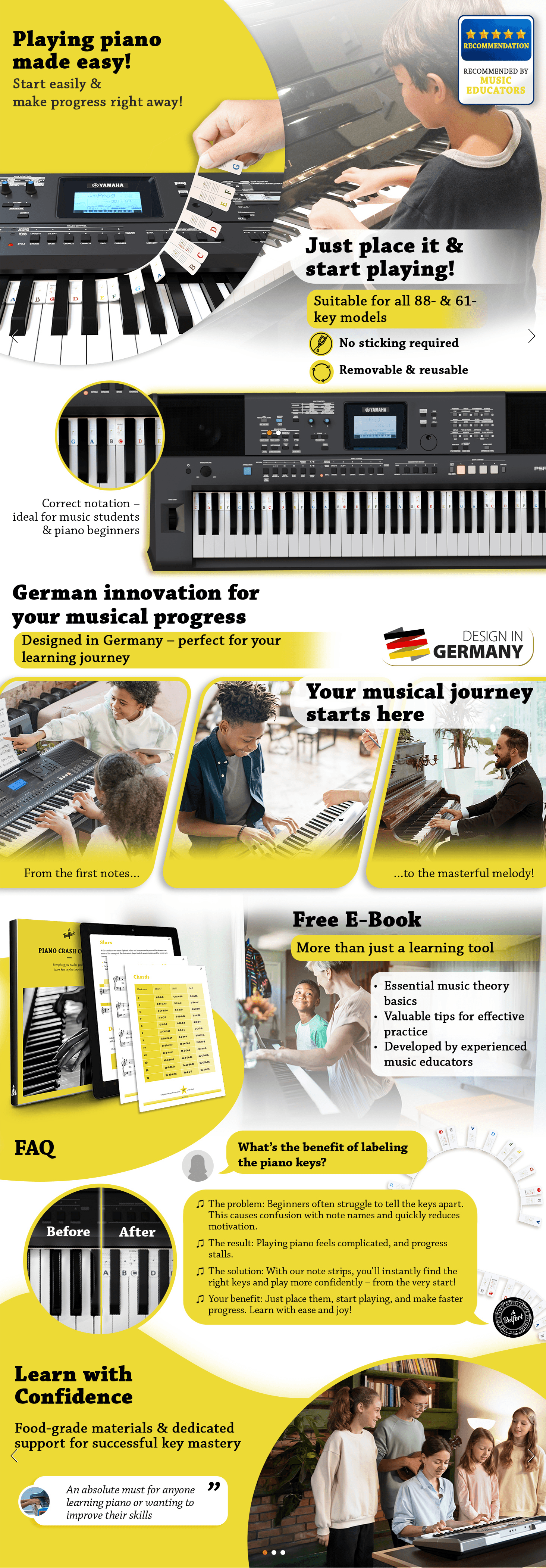 Showcases multiple benefits of a piano learning tool including ease of use, German design quality, free e-book inclusion, and educational support to help shoppers understand the comprehensive value…