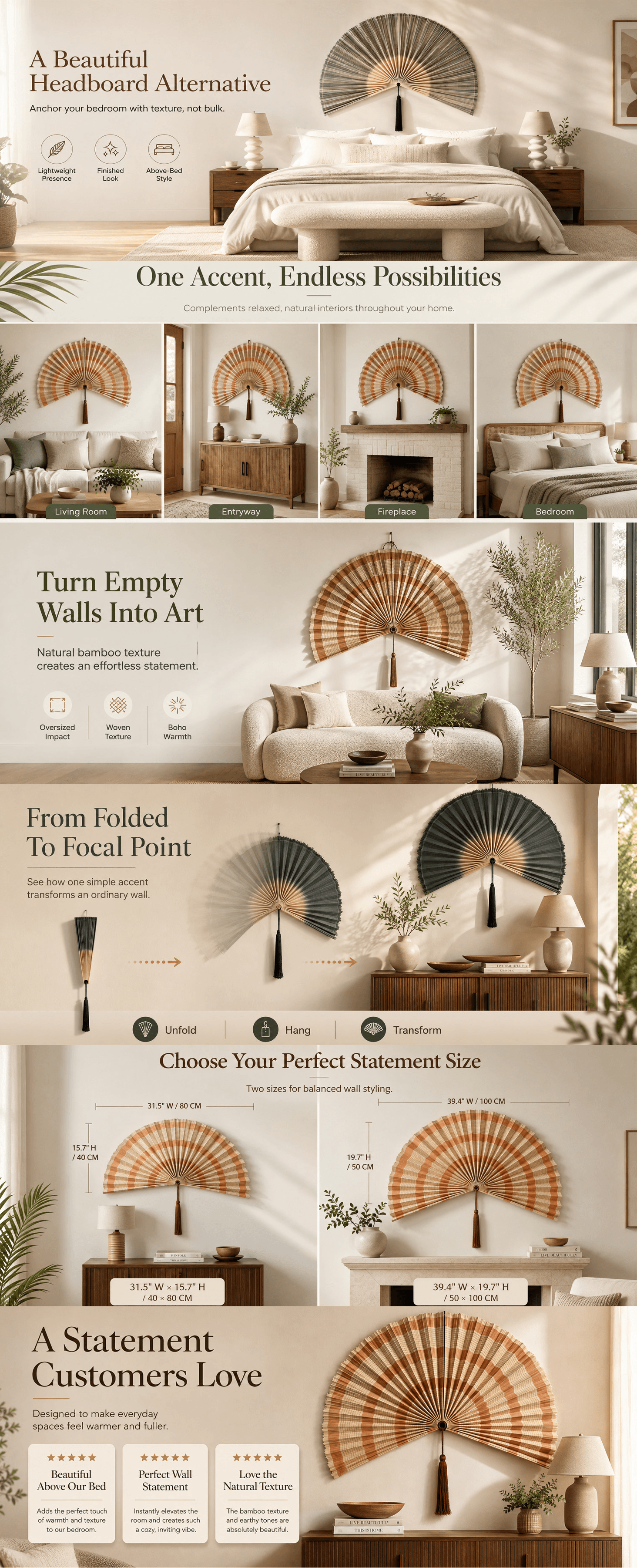 Showcases the decorative wall fan product across multiple benefits including versatility in different rooms, aesthetic appeal, natural texture features, installation process, sizing options, and…