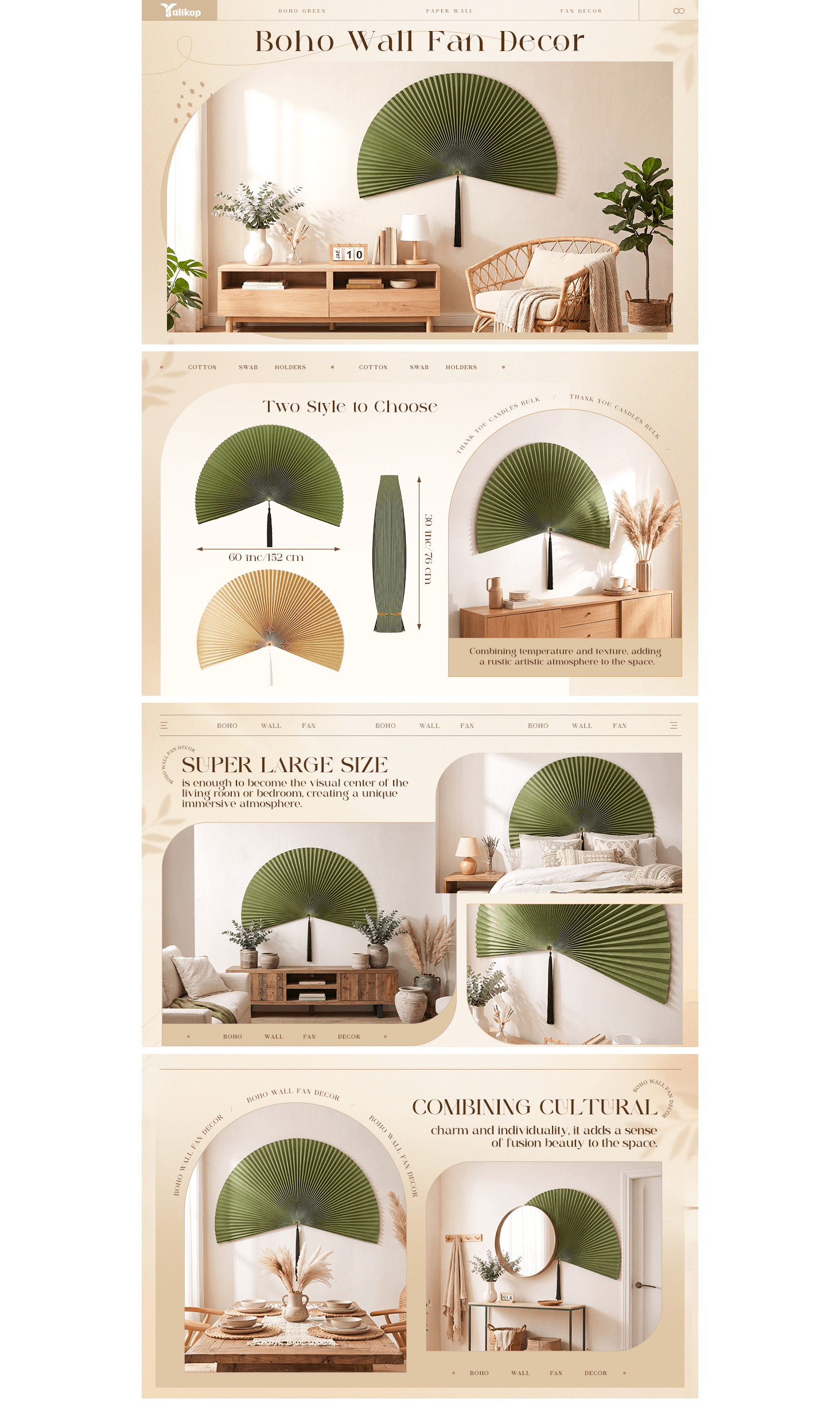 A+ for Yalikop 60" Boho Wall Fan Decor Oversized Paper Fan Asian Wall Art