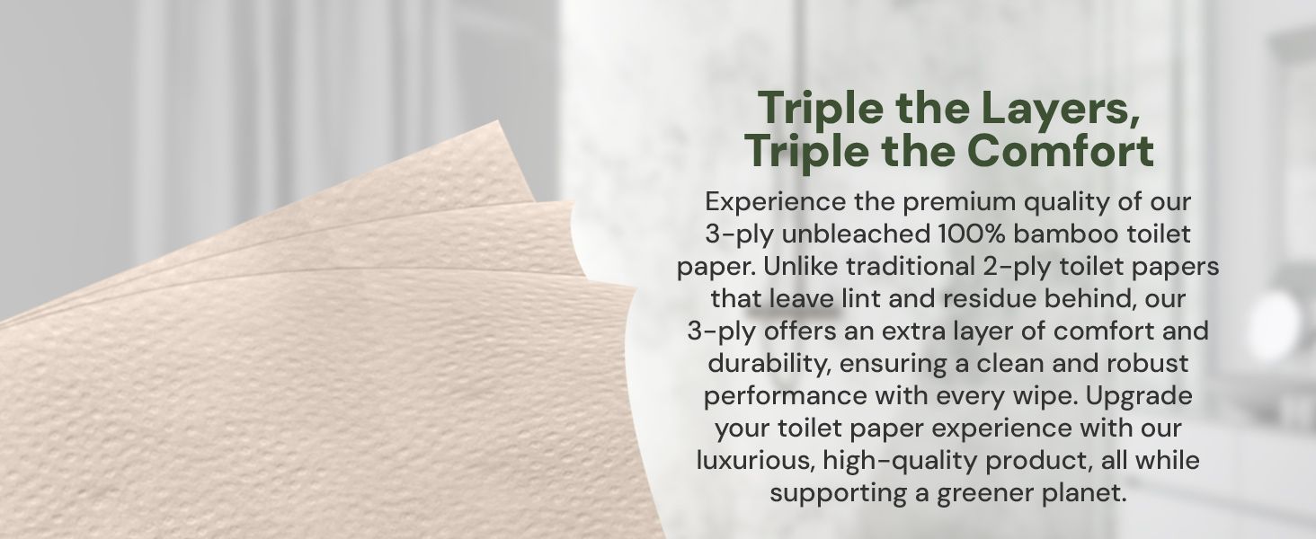 Highlights multiple key features and benefits of the 3-ply bamboo toilet paper, emphasizing comfort, quality, and environmental sustainability.