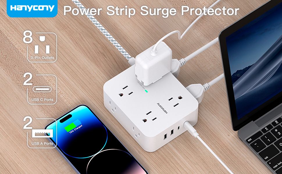 Showcases multiple features of the power strip including AC outlets, USB-A and USB-C ports to highlight versatility in charging and powering devices.
