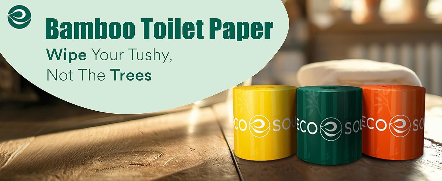 Highlights the eco-friendly bamboo material of the toilet paper to appeal to environmentally conscious consumers.