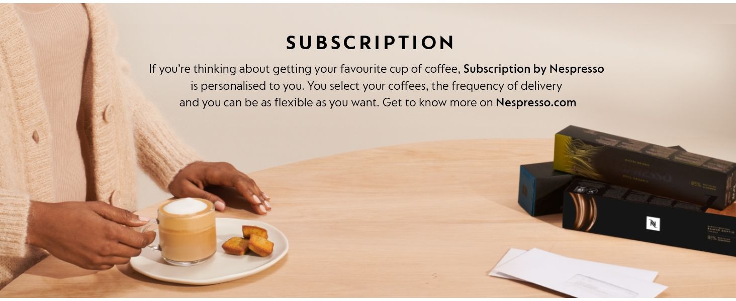 Introduces and explains the Nespresso subscription service, emphasizing personalization, flexibility, and convenience to encourage shoppers to sign up for recurring coffee deliveries.