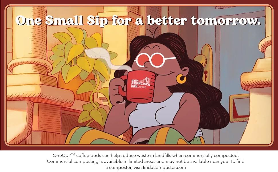 Communicates the brand's environmental commitment and values through an emotional lifestyle illustration paired with a sustainability message about compostable coffee pods.