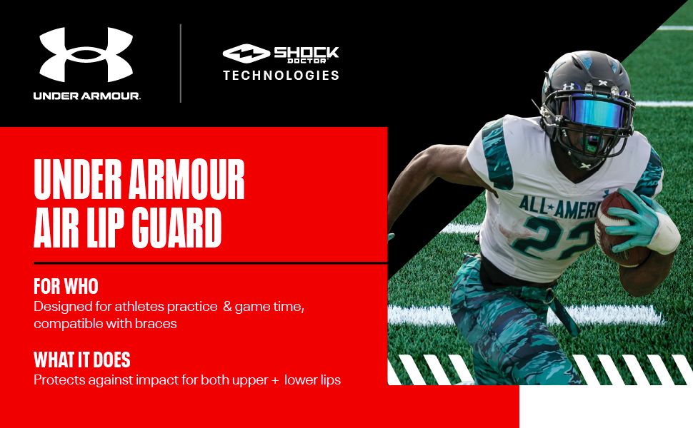 Communicates the protective benefit of the Air Lip Guard for athletes, emphasizing impact protection for upper and lower lips during practice and games. Highlights the safety aspect of the product…