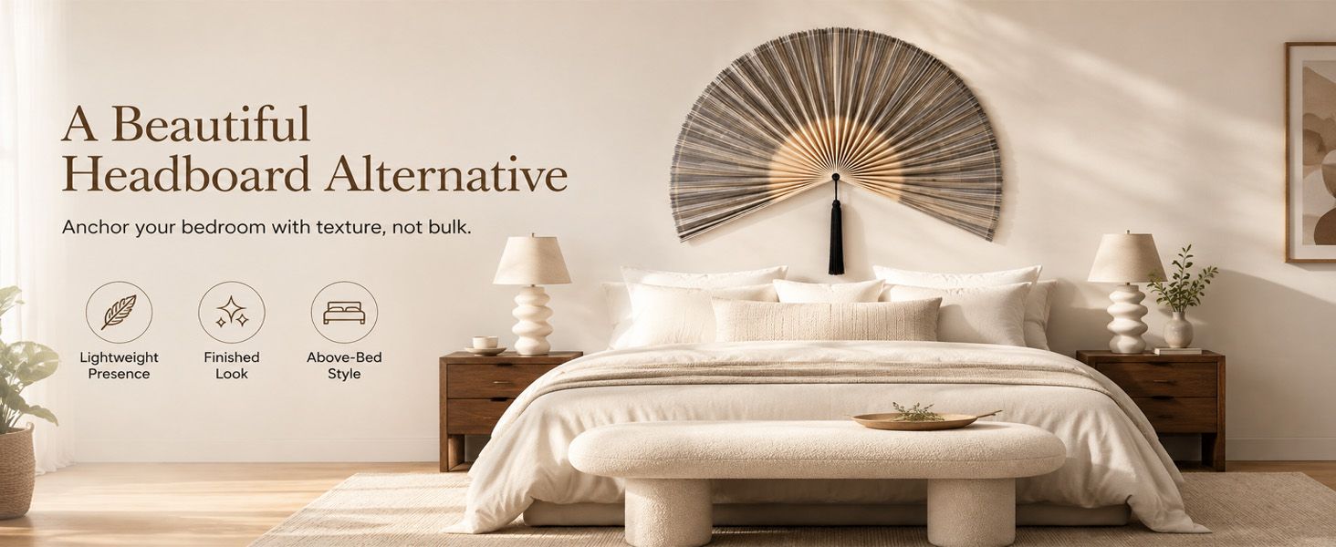 Showcases multiple product benefits in a visually organized layout with icons to help shoppers understand key selling points of the headboard alternative. Shows the product in a real-world bedroom…