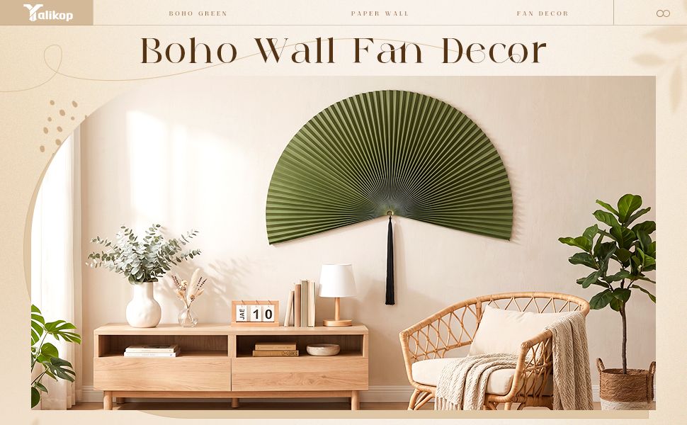 Shows the boho wall fan decor product styled in a real-world living space to help shoppers visualize how it would look in their own home.