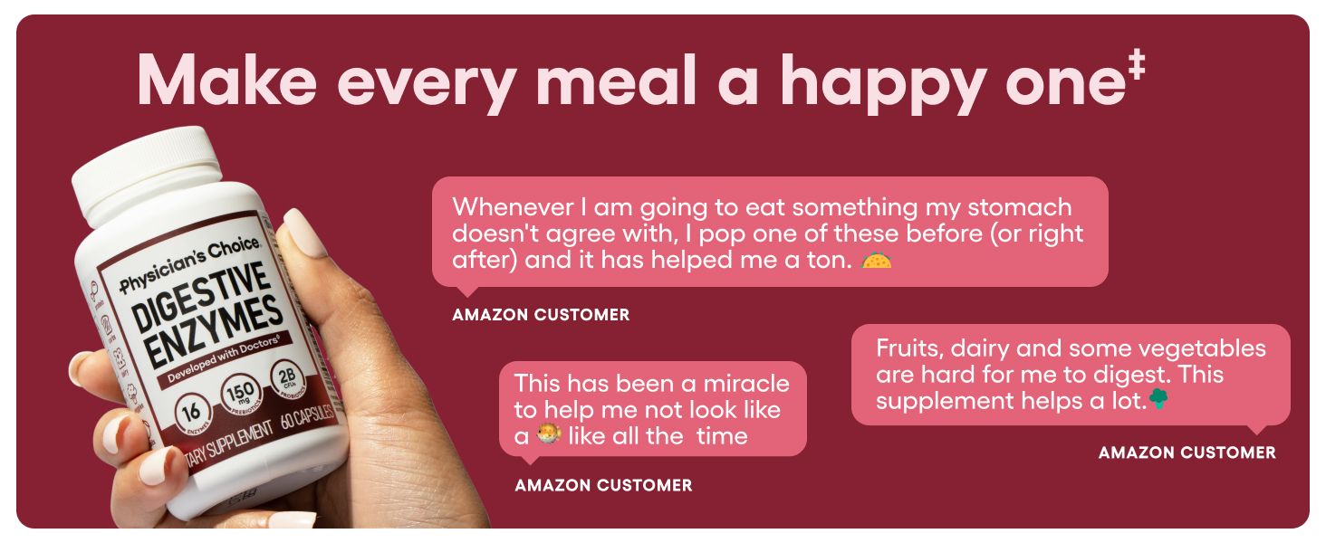 Builds trust and credibility by showcasing real customer experiences and positive feedback about the digestive enzyme supplement's effectiveness. Communicates the core benefit of helping with…