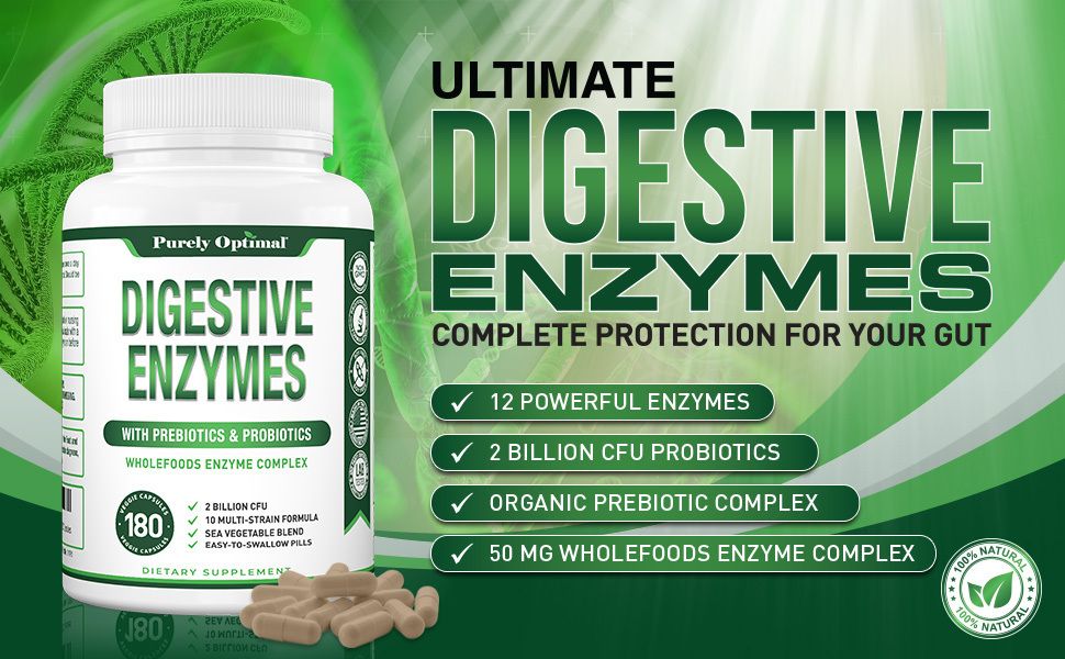 Showcases multiple key product benefits in a bulleted list format to help shoppers quickly understand the comprehensive digestive health features including enzymes, probiotics, and prebiotic complex.