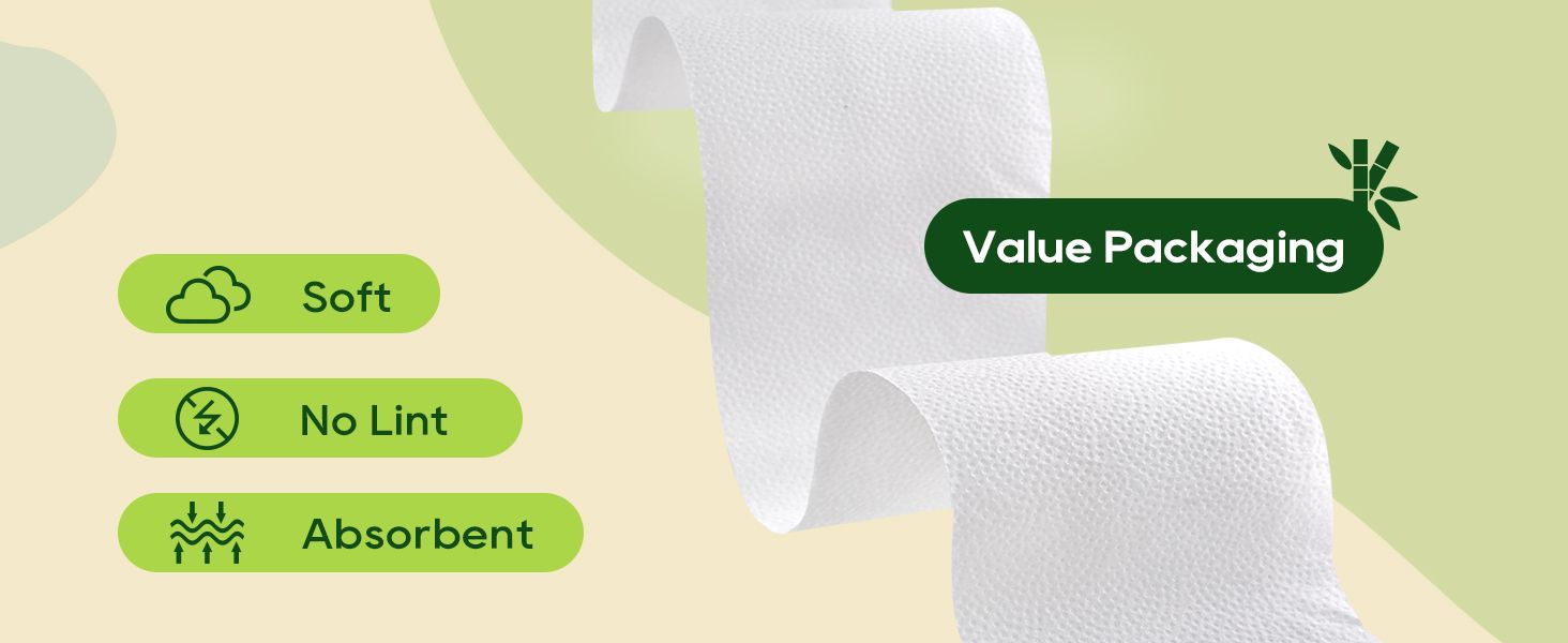 Highlights multiple key features of the product (softness, no lint, absorbency) while emphasizing value packaging to appeal to cost-conscious shoppers.