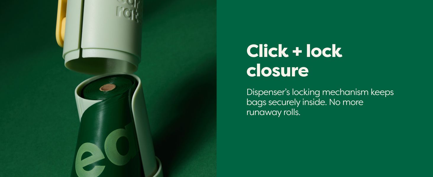 Highlights the click and lock closure mechanism of the dispenser to reassure customers about secure storage and ease of use.