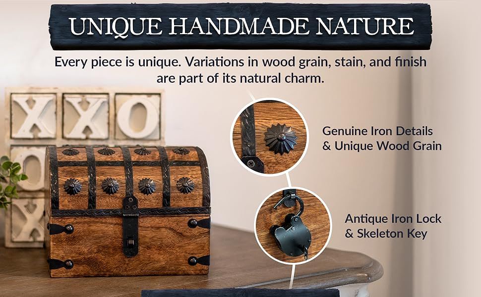 Highlights the handmade craftsmanship and specific physical components of the wooden chest, including iron details and antique lock, to communicate quality and authenticity. Reassures shoppers that…