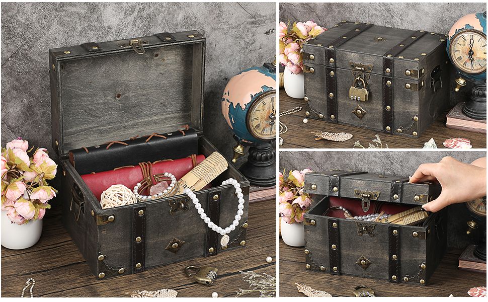 Shows the decorative storage chest and its intended use for storing jewelry and accessories, helping shoppers visualize what they can store inside and how the product functions. Displays the product…