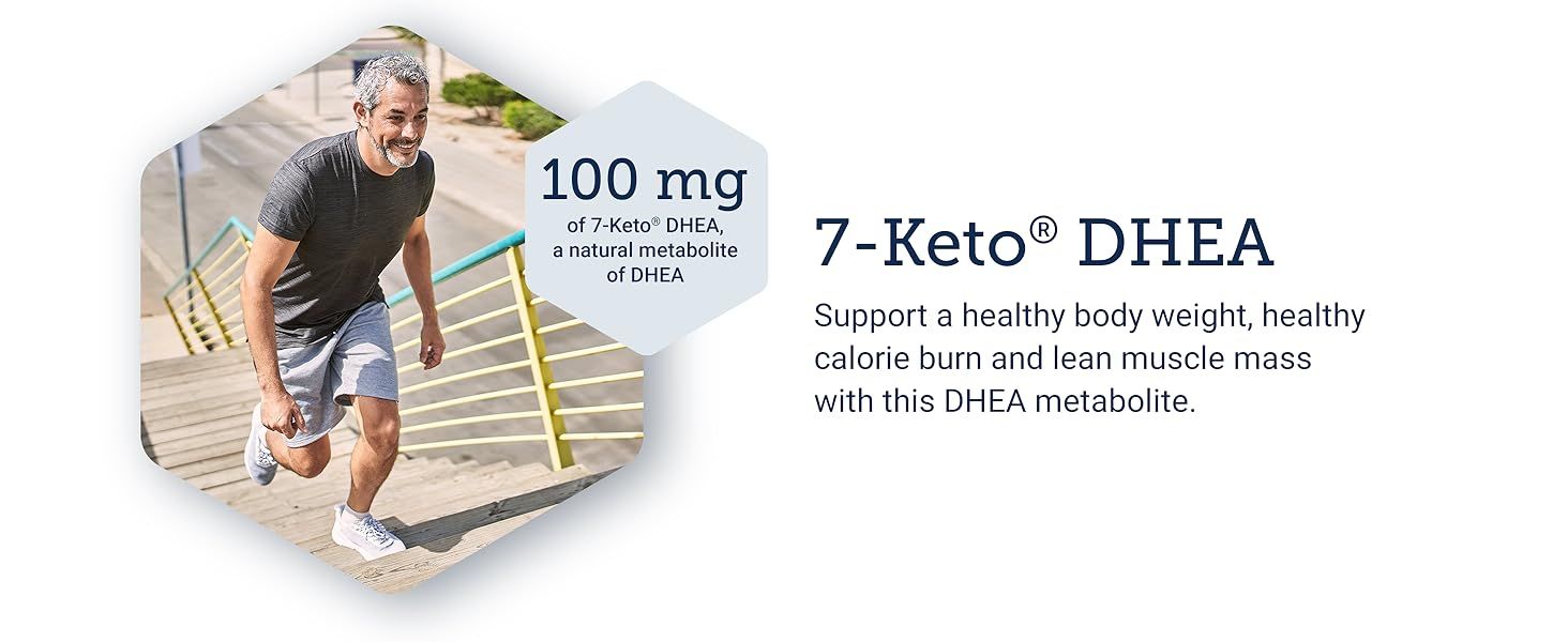 Highlights the specific 100mg dosage of 7-Keto DHEA to communicate product potency and reassure shoppers about the active ingredient amount. Communicates the primary benefit of supporting healthy…