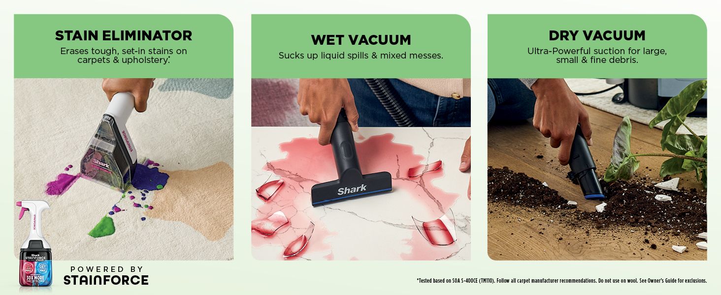 Showcases the three distinct cleaning modes of the vacuum system in a visually segmented layout, helping shoppers understand the versatility and comprehensive cleaning capabilities of the product.