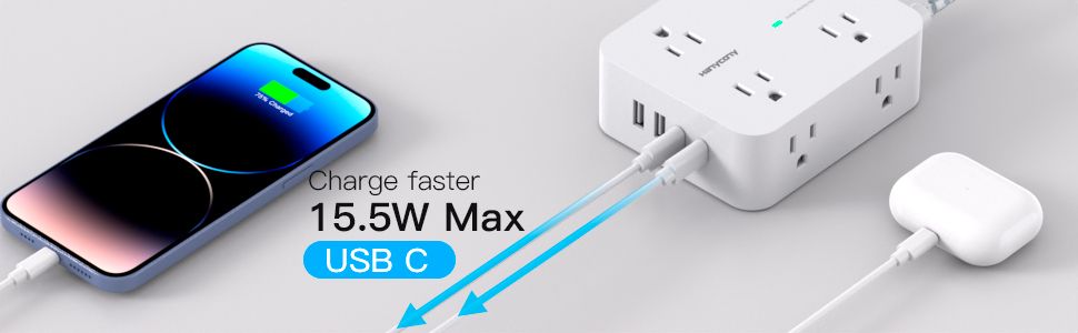 Demonstrates the power strip's compatibility with various devices like smartphones and earbuds, reassuring shoppers about safe charging for their electronics. Highlights the power strip's key…