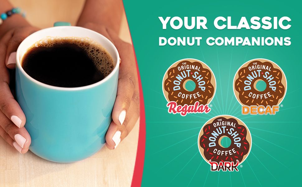 Showcases the three different coffee varieties available (Regular, Decaf, and Dark) to help shoppers understand their options and choose the right product for their preferences.