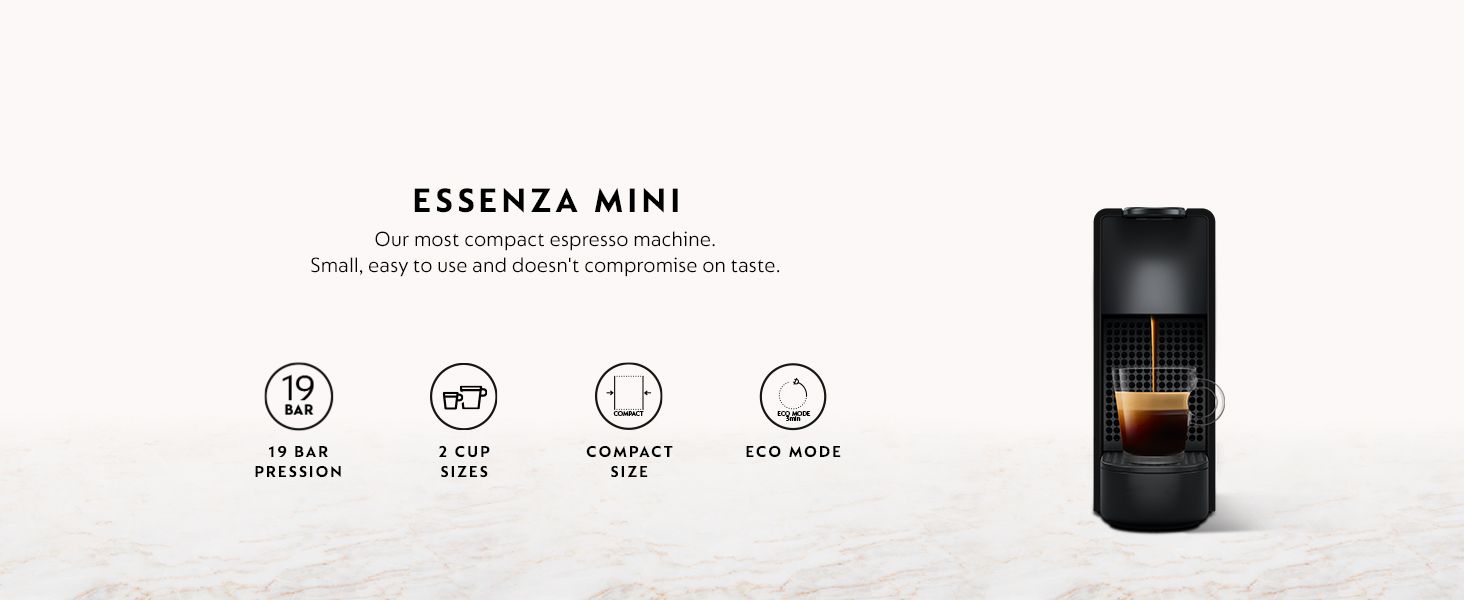 Showcases four key product benefits in an organized icon-based layout to help shoppers quickly understand the espresso machines main selling points including pressure capability, size options,…
