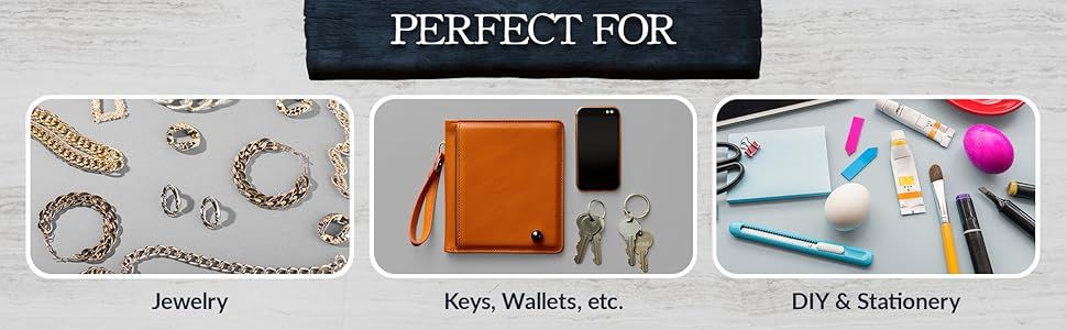 Demonstrates multiple use scenarios for the product by showing it works for jewelry, keys and wallets, and DIY and stationery items, helping shoppers understand its versatility across different…