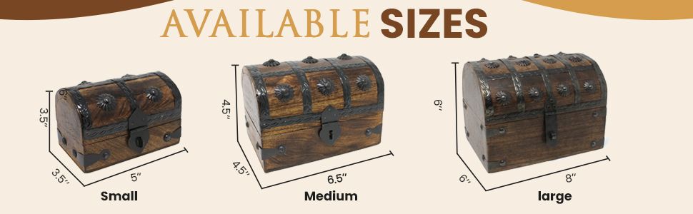 Displays the three available size options for the treasure chest product to help shoppers choose the right size for their needs.