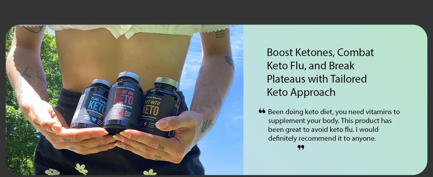 Builds trust and social proof by featuring a direct customer testimonial about the product's effectiveness in avoiding keto flu and supporting the keto diet. Displays the brand's keto product lineup…