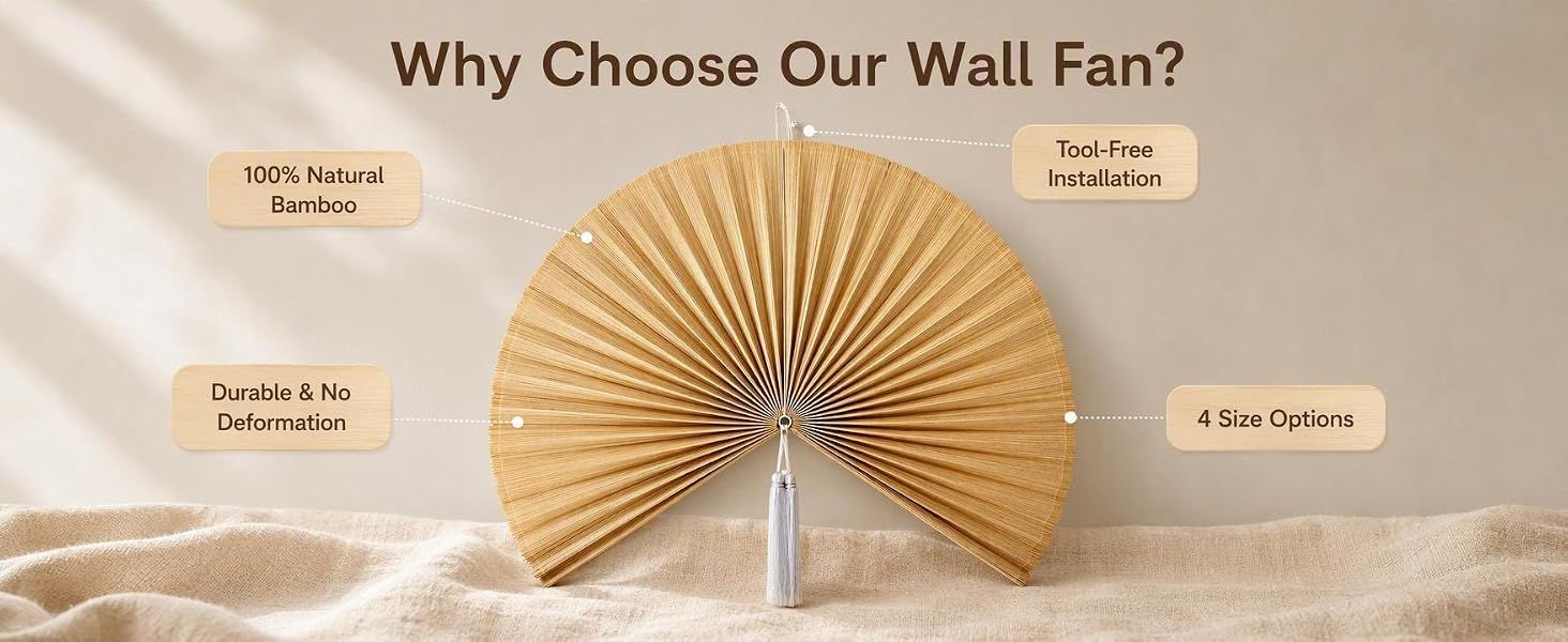 Highlights four distinct product benefits in a visually organized callout layout to help shoppers understand why this wall fan is superior and worth purchasing.