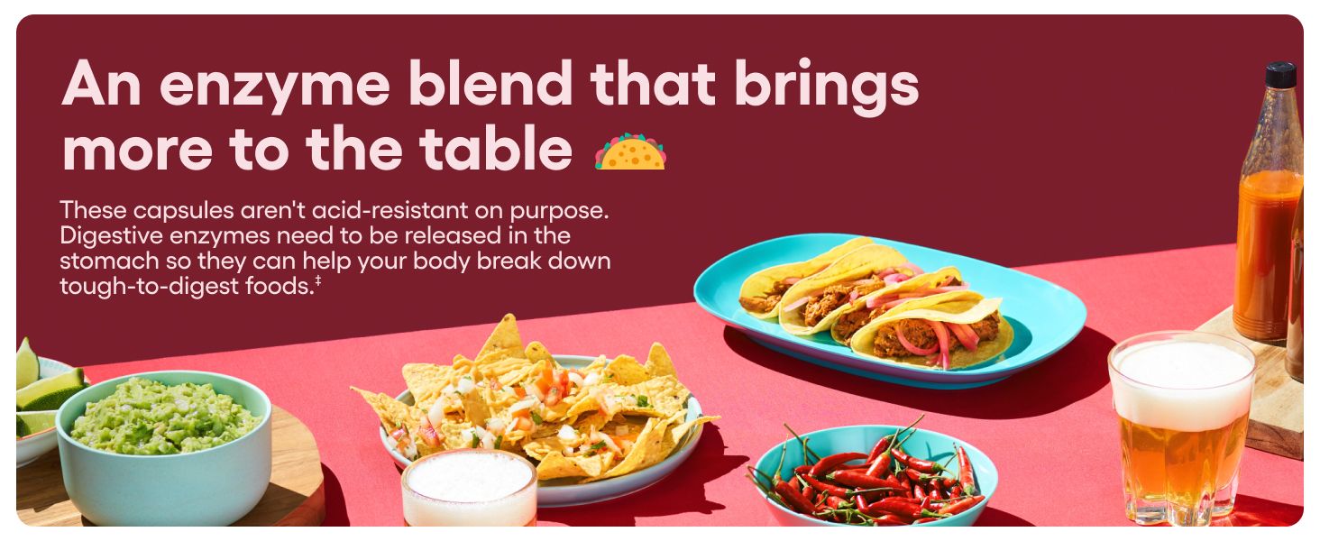 Communicates that the product uses a non-acid-resistant enzyme blend designed to be released in the stomach to help break down difficult-to-digest foods, positioning it as effective digestive support.