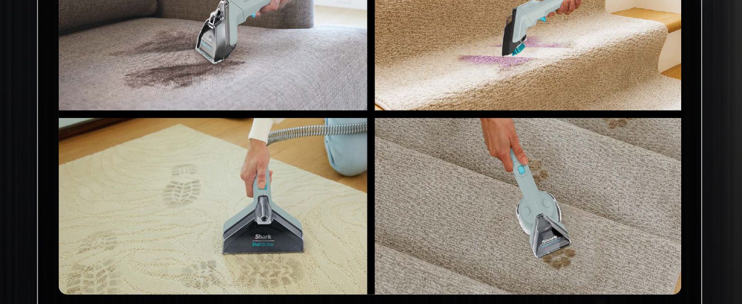 Demonstrates the product's effectiveness across multiple real-world cleaning scenarios, showing versatility in removing various types of stains from different carpet surfaces. Visually proves the…