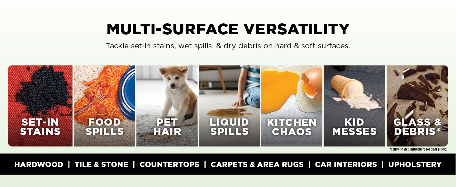 Demonstrates the product's versatility by showing multiple real-world cleaning scenarios across different surfaces and mess types, reassuring shoppers that one product handles diverse household…