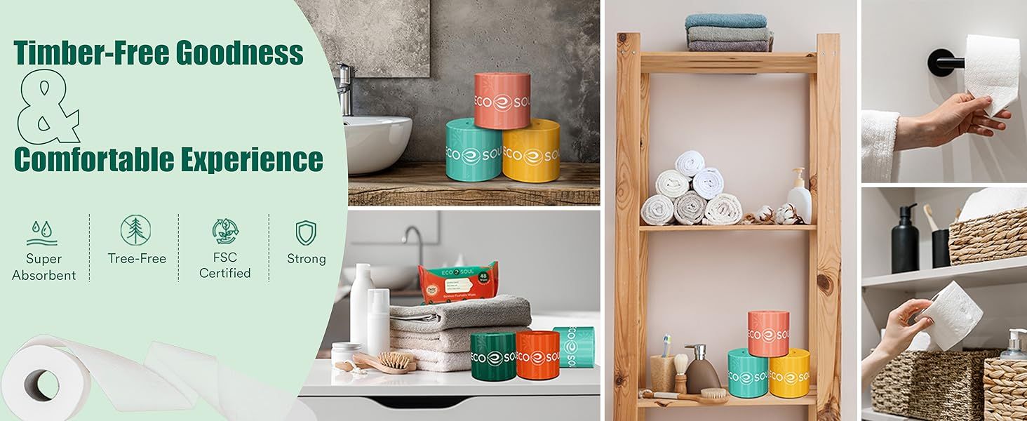 Highlights multiple eco-friendly features and benefits of the toilet paper product, including being tree-free, super absorbent, FSC certified, and strong.