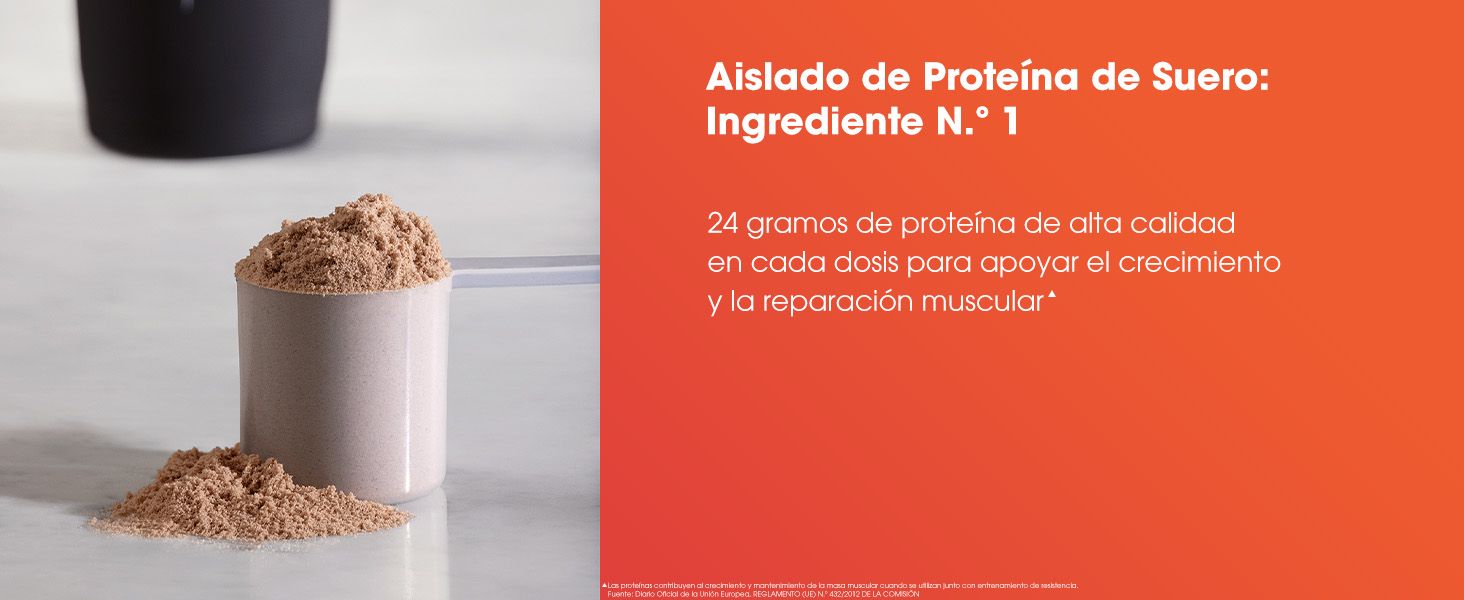 Highlights that whey protein isolate is the number one ingredient, emphasizing 24 grams of high-quality protein per dose to support muscle growth and repair.