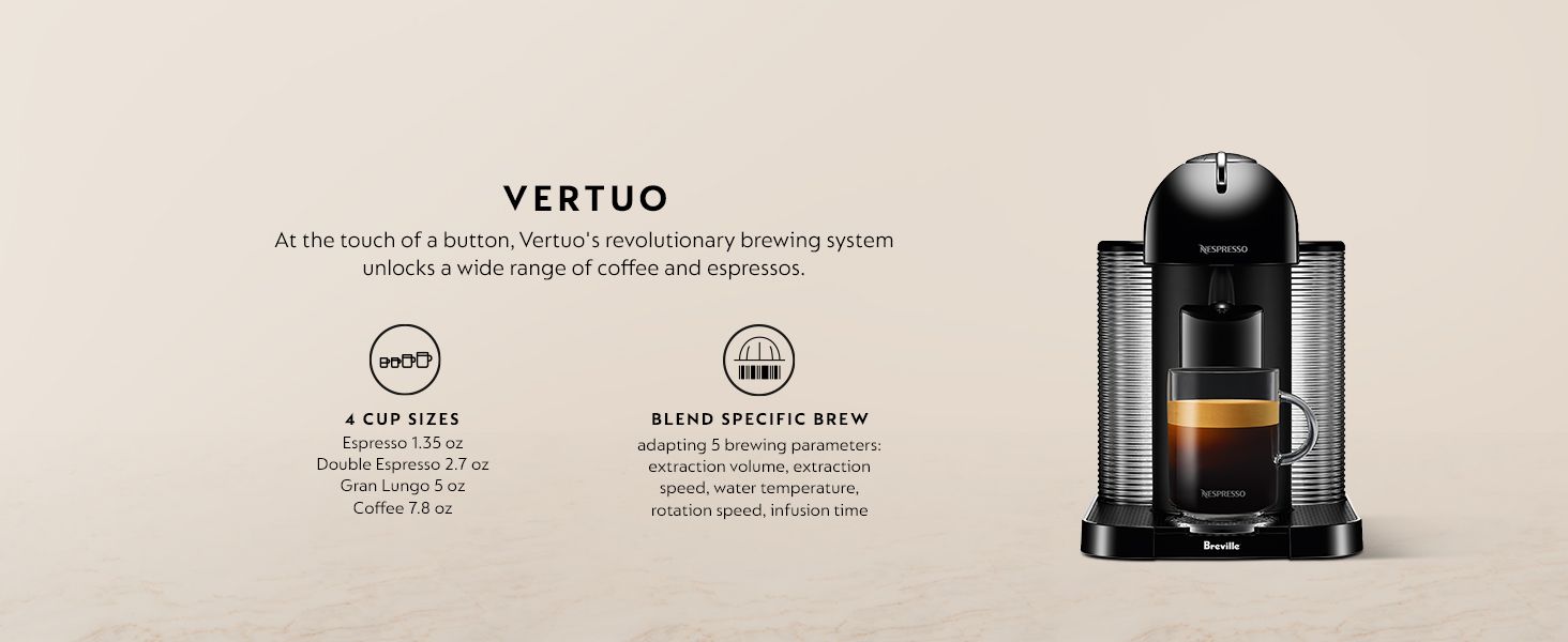 Highlights two key product features - the variety of cup sizes available and the advanced brewing system that adapts parameters for optimal coffee extraction.