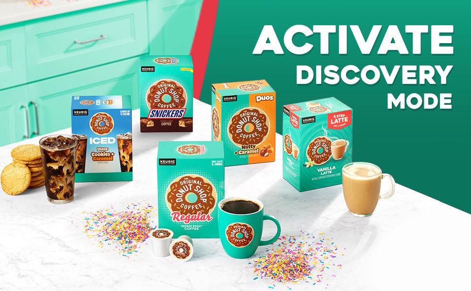 Communicates the brand identity and product variety of The Original Donut Shop Coffee with an engaging lifestyle presentation to build brand recognition and emotional connection.
