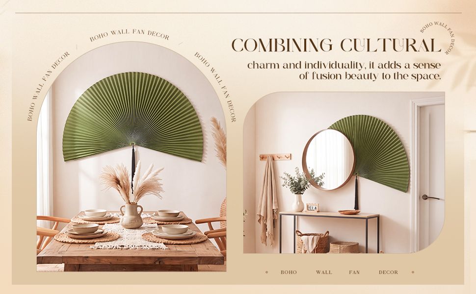 Communicates the brand's aesthetic philosophy and cultural design values to build emotional connection and help shoppers envision the product in their own spaces. Shows the boho wall fan decor…
