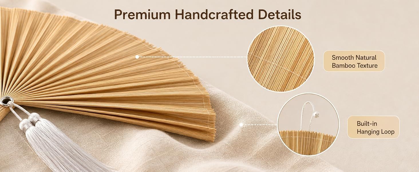 Highlights the premium craftsmanship and material quality of the bamboo fan by zooming in on specific physical components like the natural bamboo texture and built-in hanging loop. Communicates the…