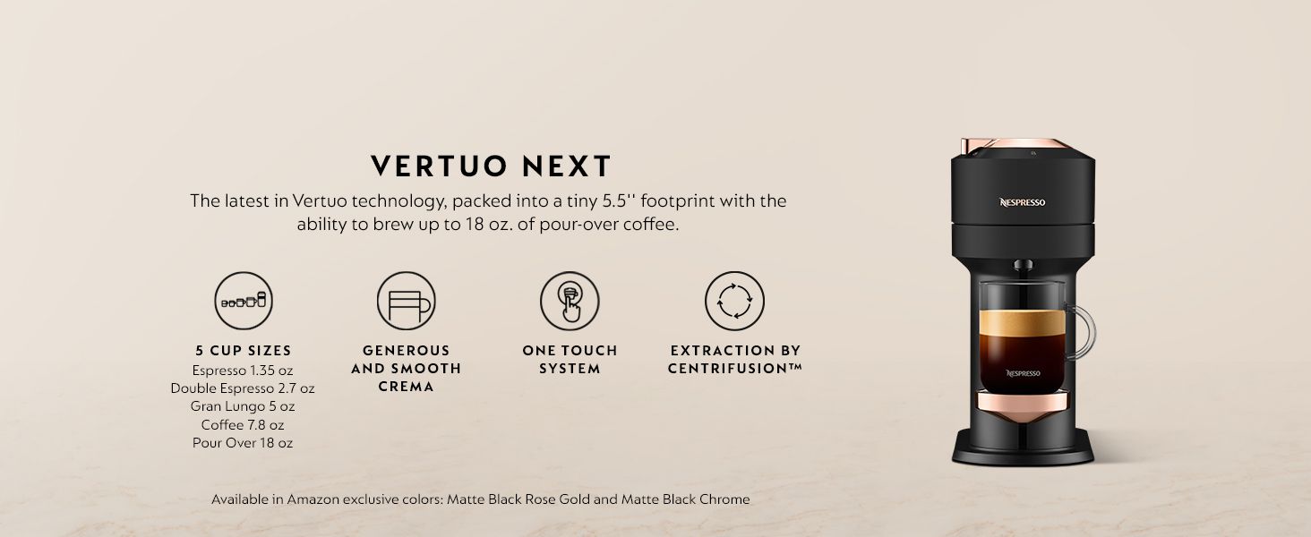 Showcases multiple key features of the Nespresso Vertuo Next coffee maker in an organized layout to help shoppers quickly understand its versatility, compact size, and brewing capabilities.