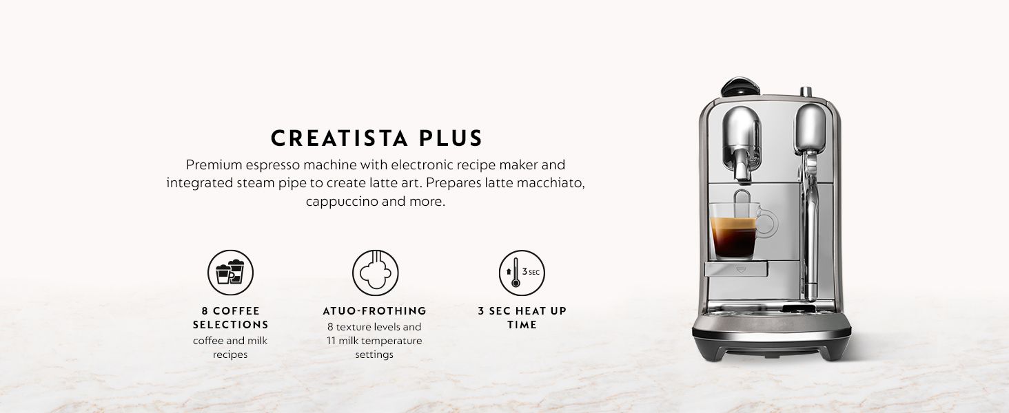 Showcases three key product features in an organized icon-based layout to help shoppers quickly understand the espresso machine's main capabilities and benefits.