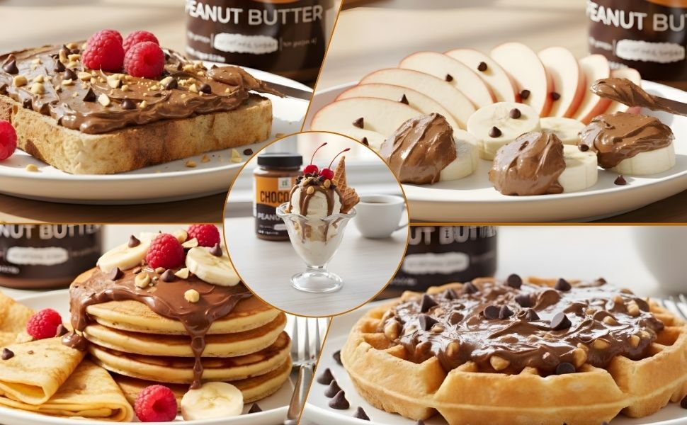 Demonstrates multiple ways to use the peanut butter product across different food applications (toast, fruit, pancakes, waffles, desserts) to inspire shoppers and showcase versatility. Highlights…