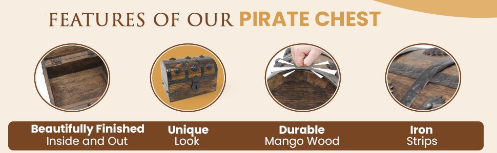 Showcases multiple distinct product benefits in a visually segmented layout to help shoppers quickly understand the key selling points of the pirate chest including finish quality, aesthetic appeal,…