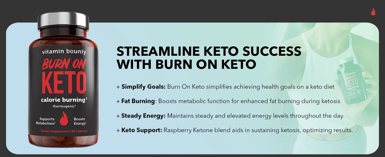Presents multiple benefits of the calorie burning supplement in a bulleted list to show how it simplifies keto goals through fat burning, steady energy, and ketosis support.