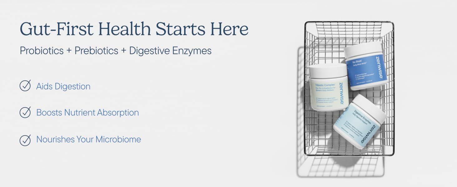 Highlights three distinct digestive health benefits in a clean checklist format to help shoppers quickly understand the key advantages of the probiotic supplement.