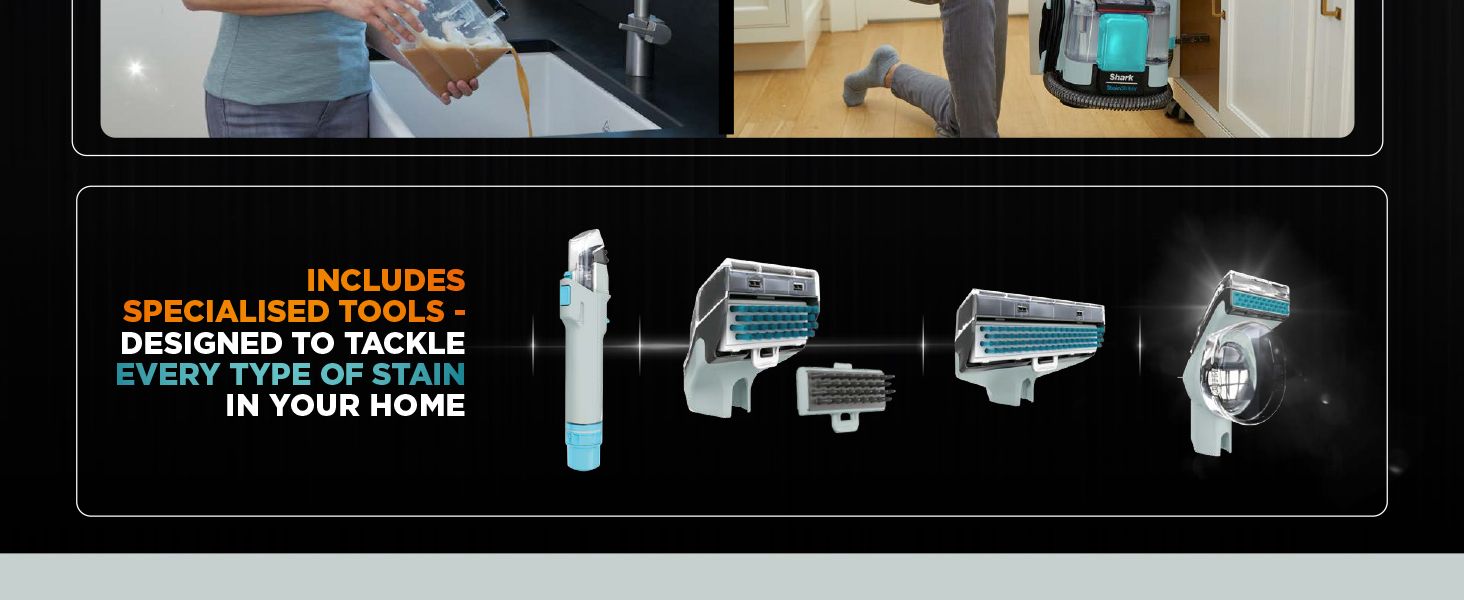 Shows all the specialized cleaning tools included with the product to reassure shoppers they have everything needed to tackle various stains throughout their home. Communicates the key benefit that…