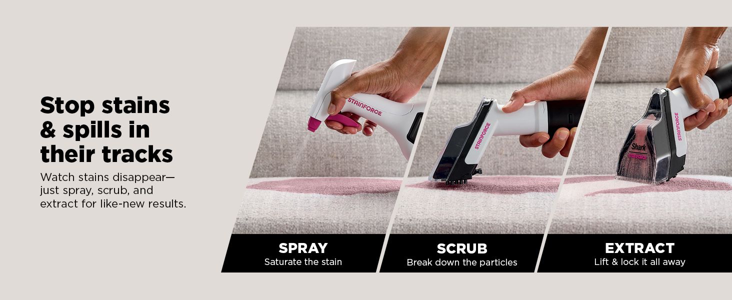 Demonstrates the three-step process for using the stain removal product (spray, scrub, extract) to help shoppers understand how to achieve effective cleaning results. Communicates the core benefit…