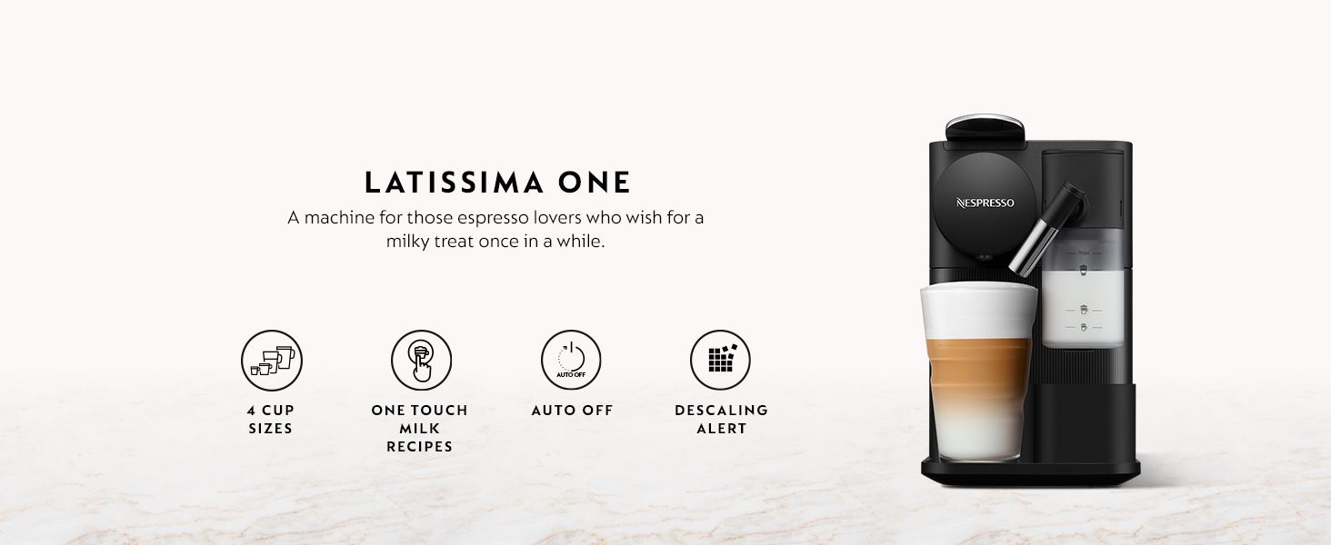 Showcases four key features of the Latissima One espresso machine in an organized icon-based layout to help shoppers quickly understand the main benefits and functionality.