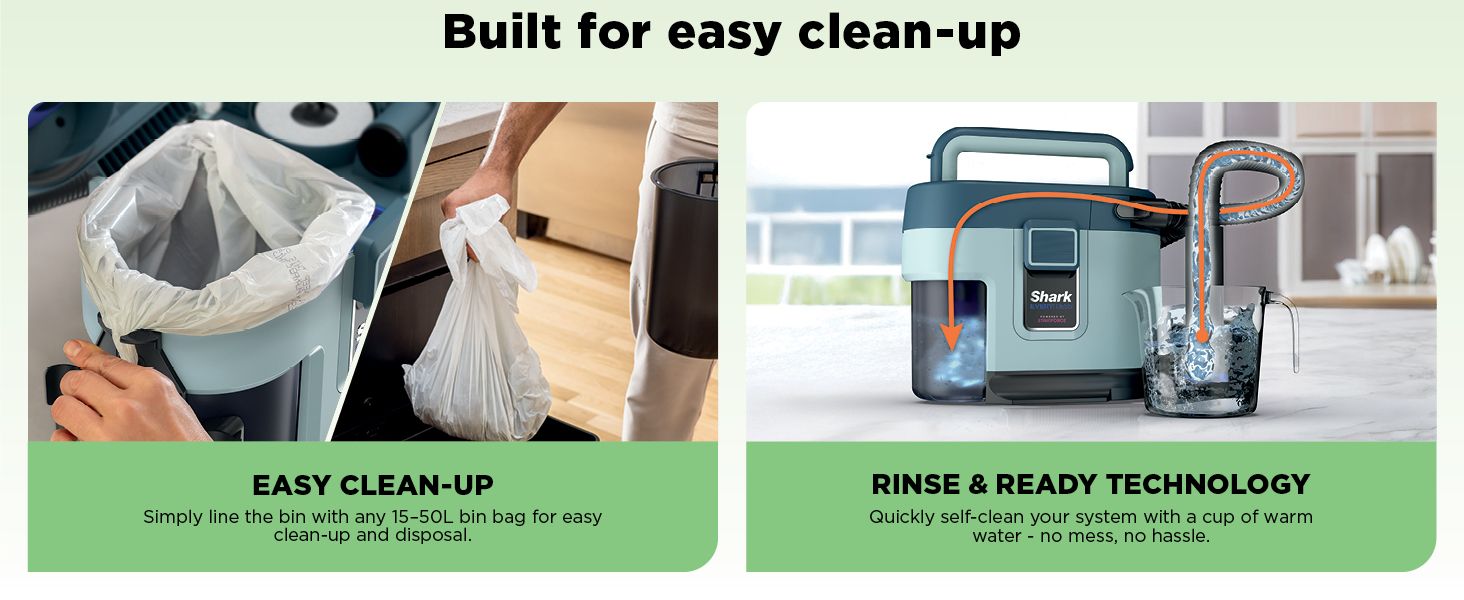 Showcases two distinct convenience benefits in a segmented layout: easy disposal with bin bags and automatic self-cleaning technology to reduce maintenance hassle.