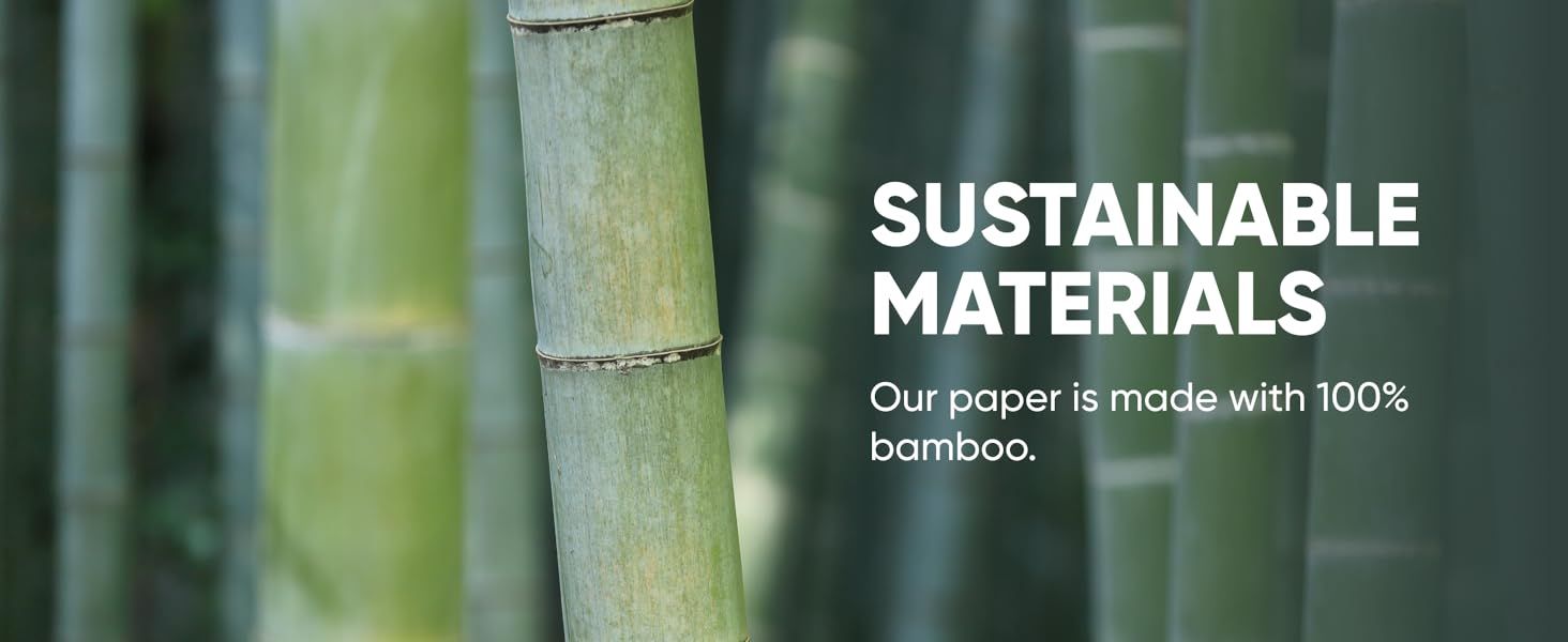Communicates the brand's commitment to using sustainable materials, specifically 100% bamboo paper.