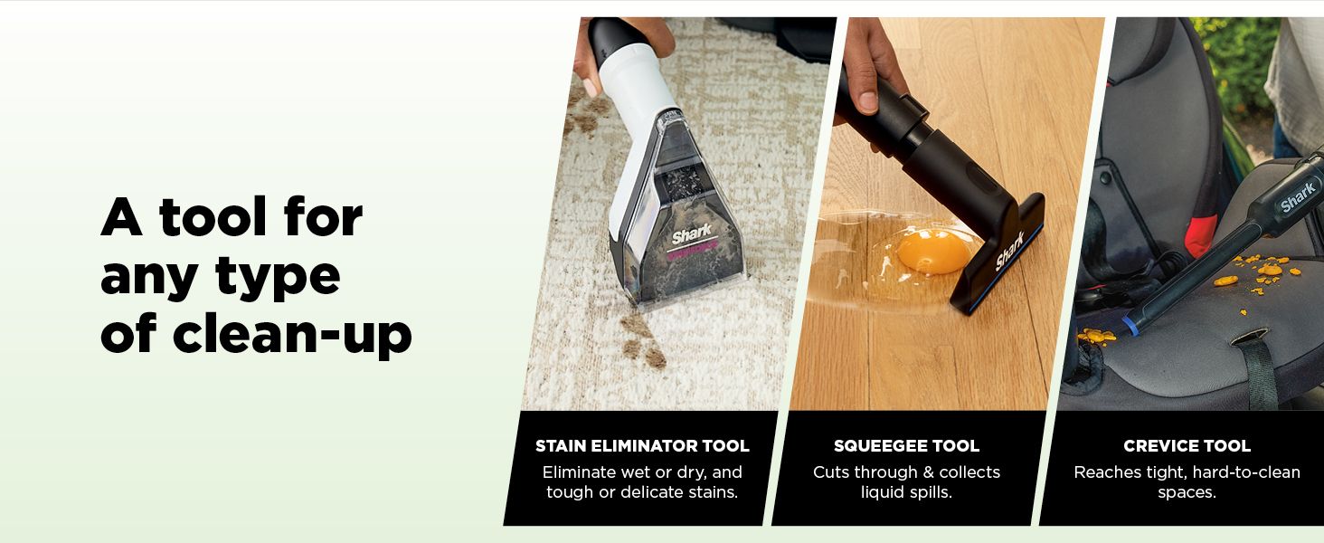 Demonstrates the versatility of the cleaning tool by showing three distinct cleaning applications (stain removal, liquid spill cleanup, and tight space cleaning) to help shoppers understand the…