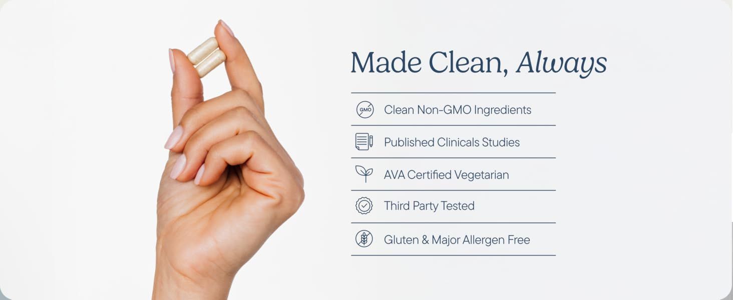 Communicates that the product is made with safe, clean, and certified ingredients to reassure health-conscious shoppers and build trust. Highlights multiple product benefits in a structured list…